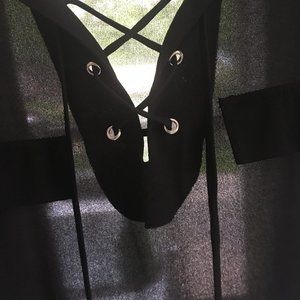 Womens Black Sheer Lace Up Blouse Top Sami and Jo 3/4 Roll Up To Button 1X
